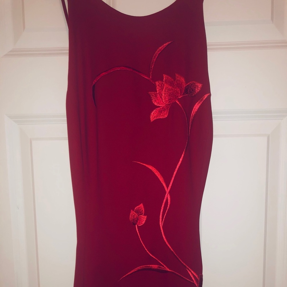 Red floral stitched gown